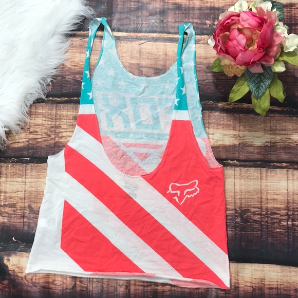 Fox American Flag Low Back Tank Top 4th July - Picture 3 of 6